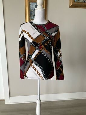 Chain Print Long-Sleeve Top in Black, Brown & Burgundy